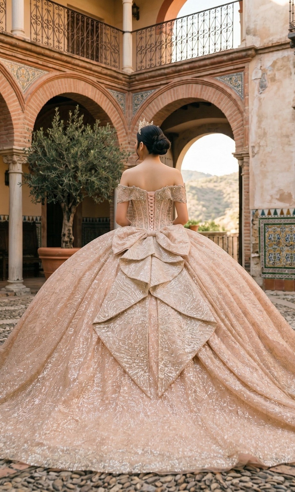A person wearing the Quinceanera Dress 8600JQ By Cinderella Couture—a shimmering gold ball gown with an off-the-shoulder neckline—stands with their back to the camera in a historic courtyard adorned with arches and mosaic tiles.